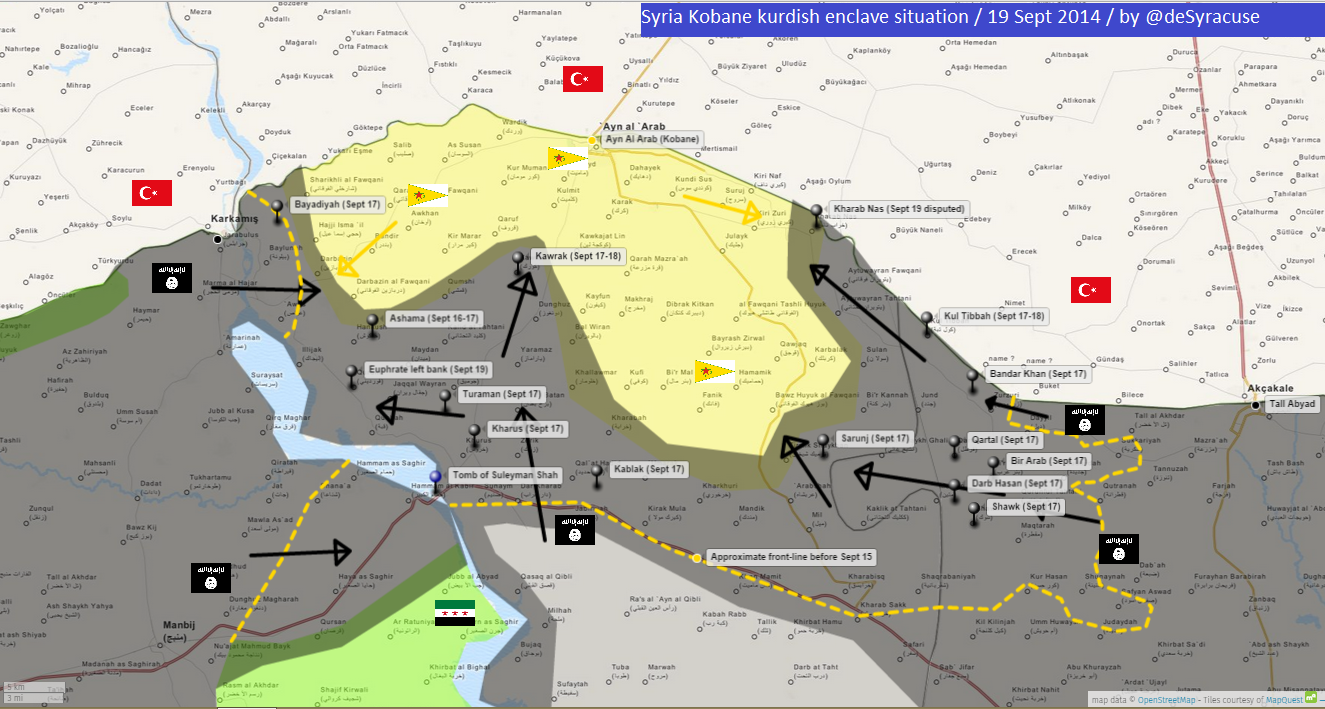 Ayn al-Arab (Kobane) prise en étau entre l'armée turque et les milices de l'Etat Islamique (Daesh)