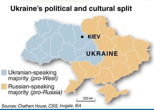 En Ukraine, les régions non russophones sont à l'ouest du pays (en bleu sur la carte)